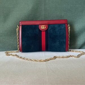 Gucci Ophidia Suede/leather Small Chain Shoulder Bag Navy Red
